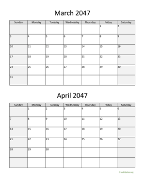 March and April 2047 Calendar Vertical