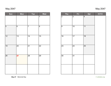 May 2047 Calendar on two pages