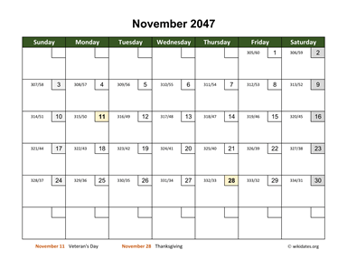 November 2047 Calendar with Day Numbers