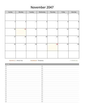 November 2047 Calendar with To-Do List