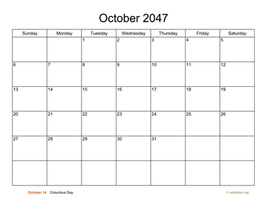 Basic Calendar for October 2047