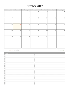 October 2047 Calendar with To-Do List