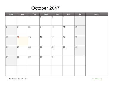 October 2047 Calendar with Notes