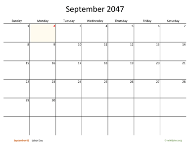 September 2047 Calendar with Bigger boxes