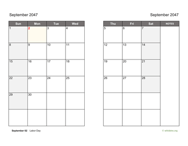 September 2047 Calendar on two pages