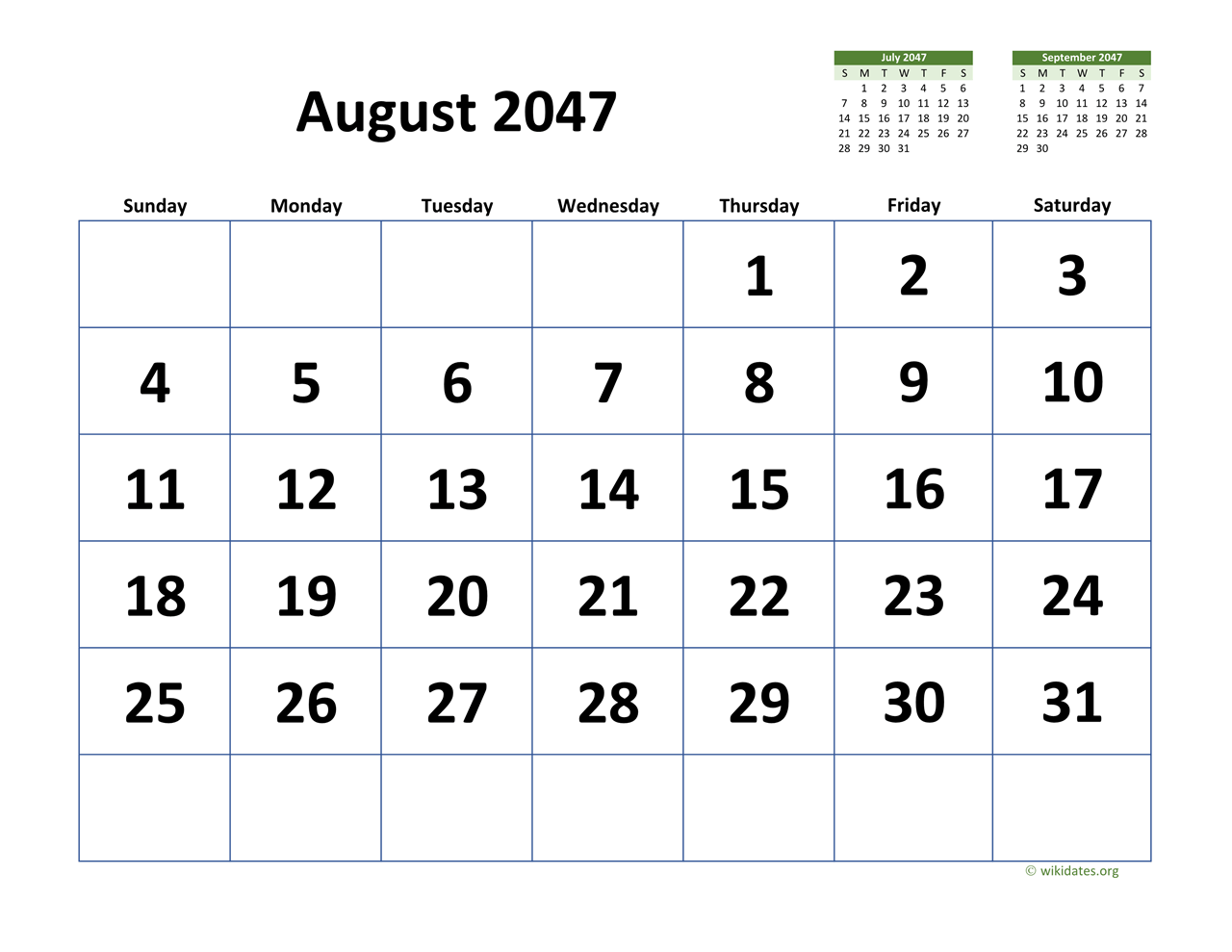 August 2047 Calendar With Extra Large Dates