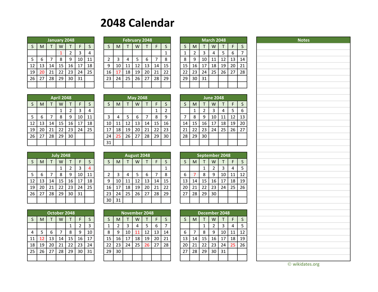 Yearly Printable 2048 Calendar with Notes