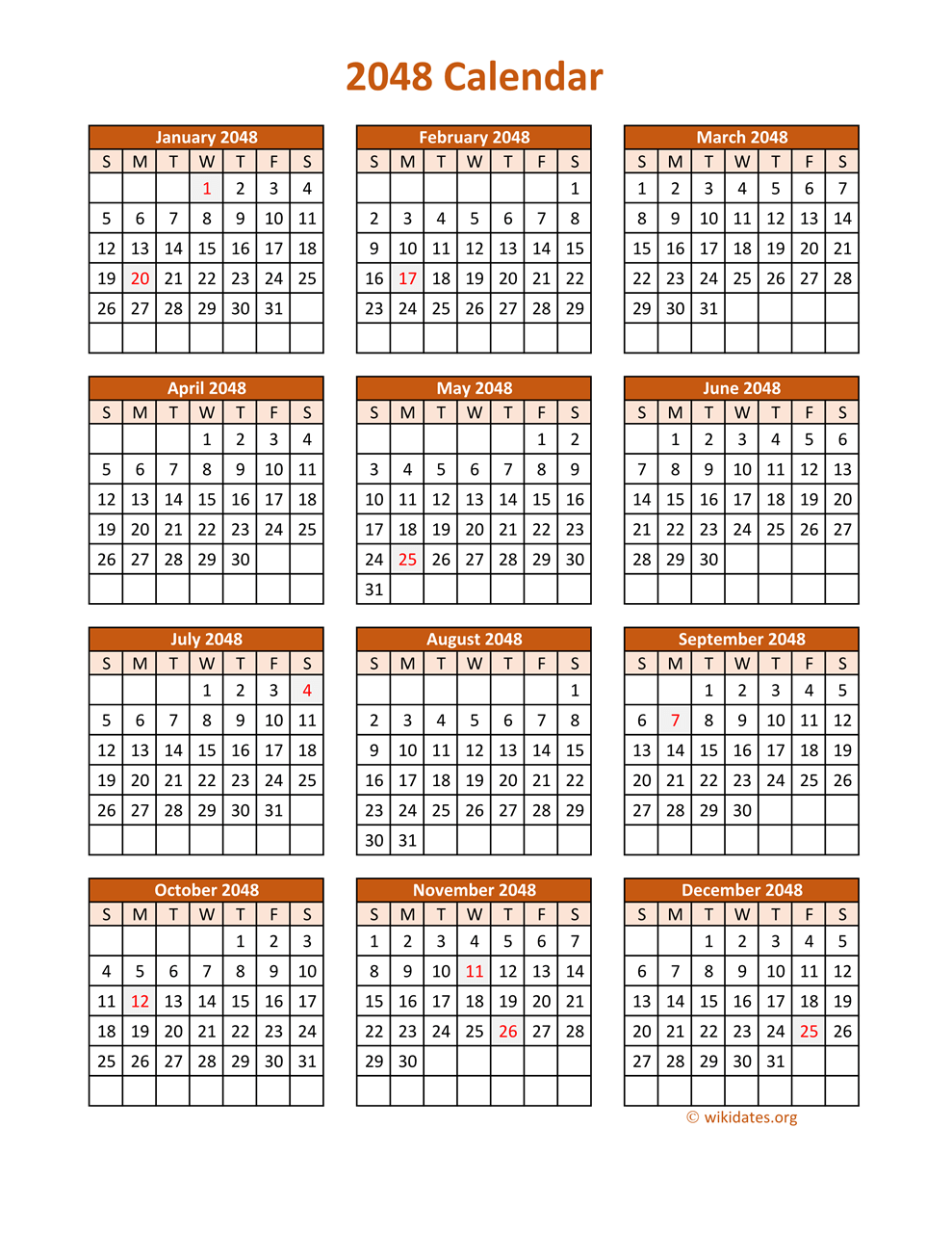 Full Year 2048 Calendar on one page