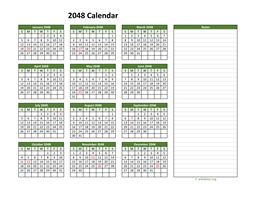 Yearly Printable 2048 Calendar with Notes