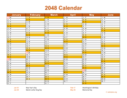 2048 Calendar on 2 Pages, Landscape Orientation