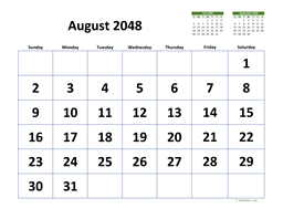 August 2048 Calendar with Extra-large Dates