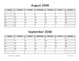 August and September 2048 Calendar
