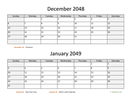 December 2048 and January 2049 Calendar