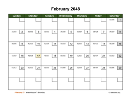 February 2048 Calendar with Day Numbers