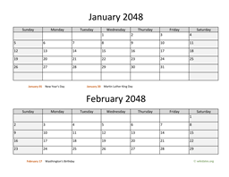 January and February 2048 Calendar
