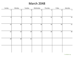 March 2048 Calendar with Bigger boxes