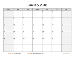 Monthly 2048 Calendar with Weekend Shaded