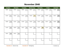 November 2048 Calendar with Day Numbers