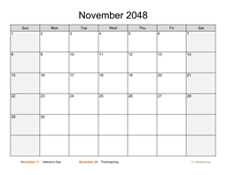November 2048 Calendar with Weekend Shaded