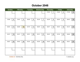 October 2048 Calendar with Day Numbers