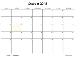 October 2048 Calendar with Bigger boxes
