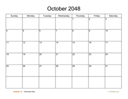 Basic Calendar for October 2048