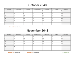 October and November 2048 Calendar