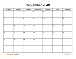 Basic Calendar for September 2048