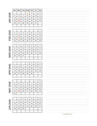 six months 2048 calendar vertical with notes