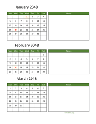 three months 2048 calendar vertical with notes