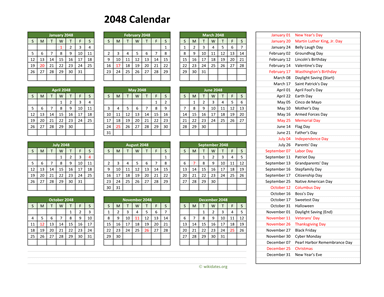 2048 Calendar with US Holidays