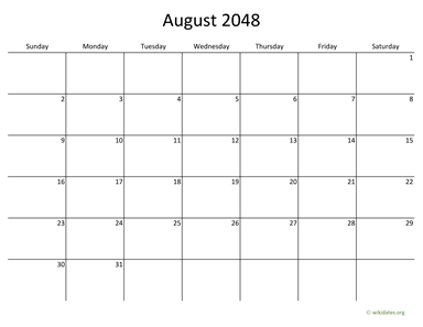 August 2048 Calendar with Bigger boxes