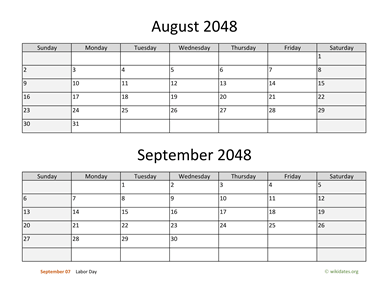 August and September 2048 Calendar Horizontal