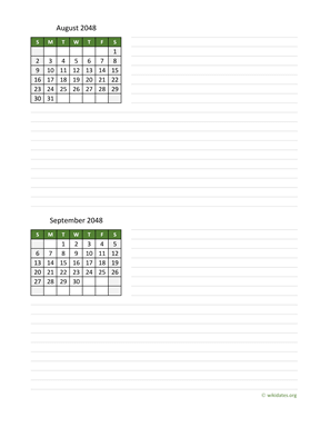 August and September 2048 Calendar with Notes