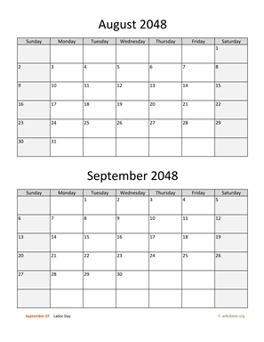 August and September 2048 Calendar Vertical