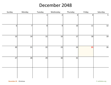 December 2048 Calendar with Bigger boxes