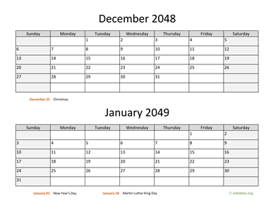 December 2048 and January 2049 Calendar Horizontal