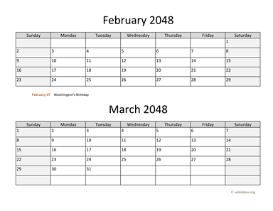 February and March 2048 Calendar Horizontal