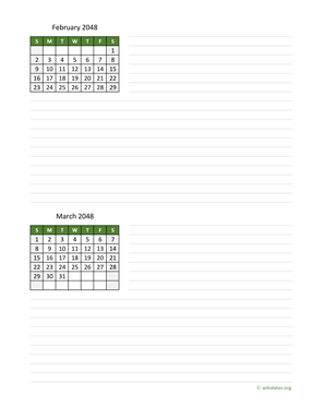 February and March 2048 Calendar with Notes