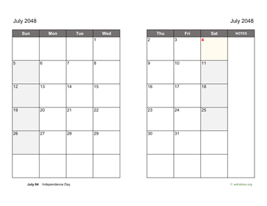 July 2048 Calendar on two pages