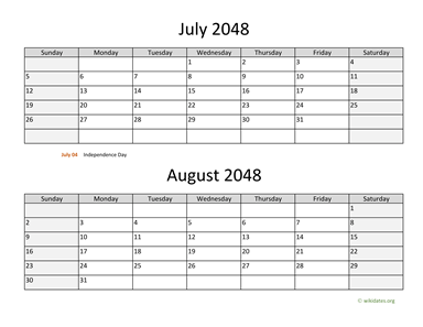 July and August 2048 Calendar Horizontal