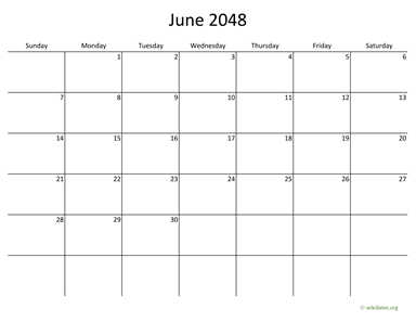 June 2048 Calendar with Bigger boxes