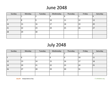 June and July 2048 Calendar Horizontal