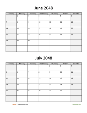 June and July 2048 Calendar Vertical