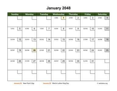 Monthly 2048 Calendar with Day Numbers