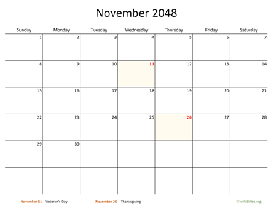 November 2048 Calendar with Bigger boxes