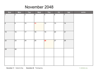 November 2048 Calendar with Notes