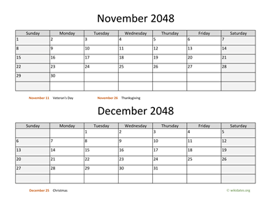 November and December 2048 Calendar Horizontal