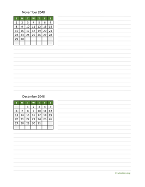 November and December 2048 Calendar with Notes