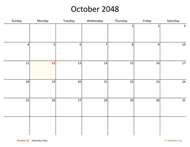 October 2048 Calendar with Bigger boxes